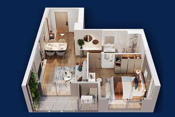 CĂN 12 TÒA B2 | B2-xx-12 (1 NGỦ / 45,6 m2) BC: TÂY BẮC